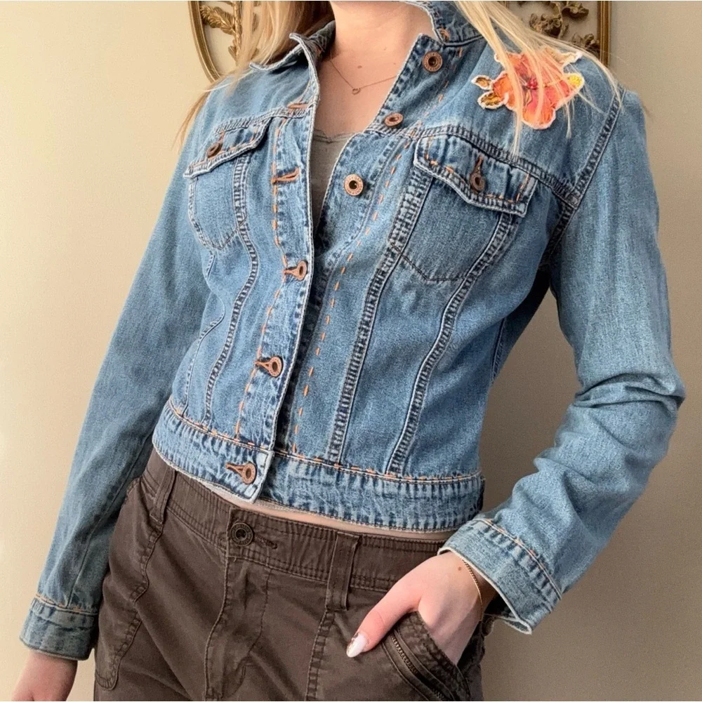 GAP Cropped Denim Jacket with Orange Stitching and Flower Patch